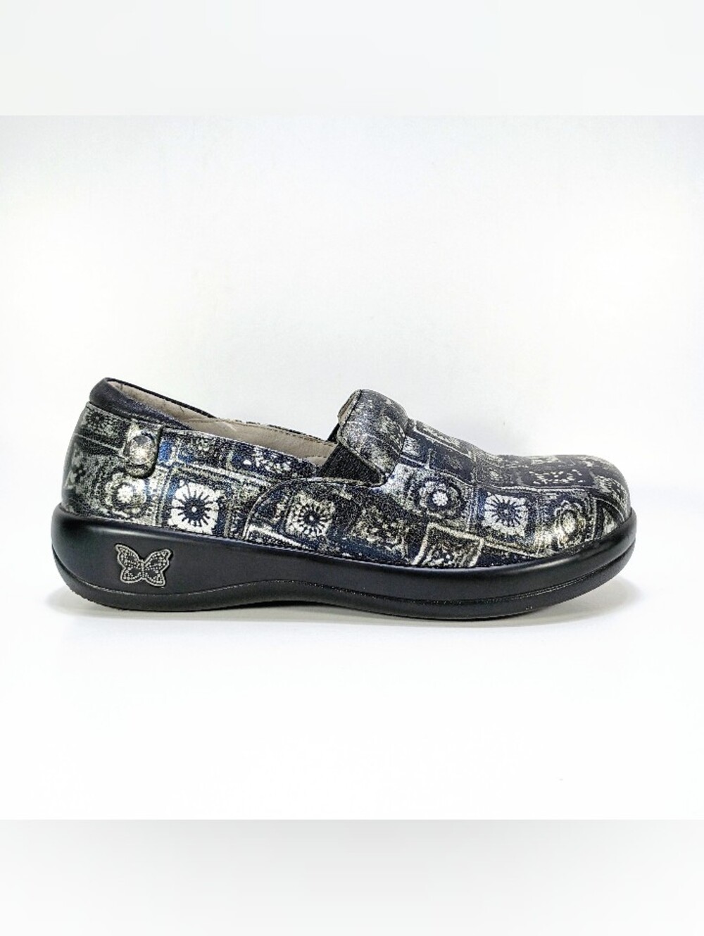 Alegria Keli Tex Mex Women 6.5 Silver And Black Slip On Shoes Clogs KEL-949